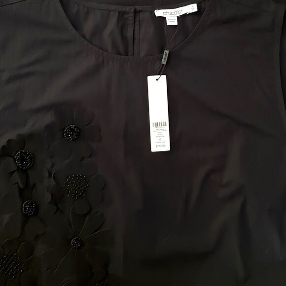 Chico’s Dress NWT Size 4 (20) Black 3D Flower Midi Sleeveless Round Neckline - Picture 4 of 7